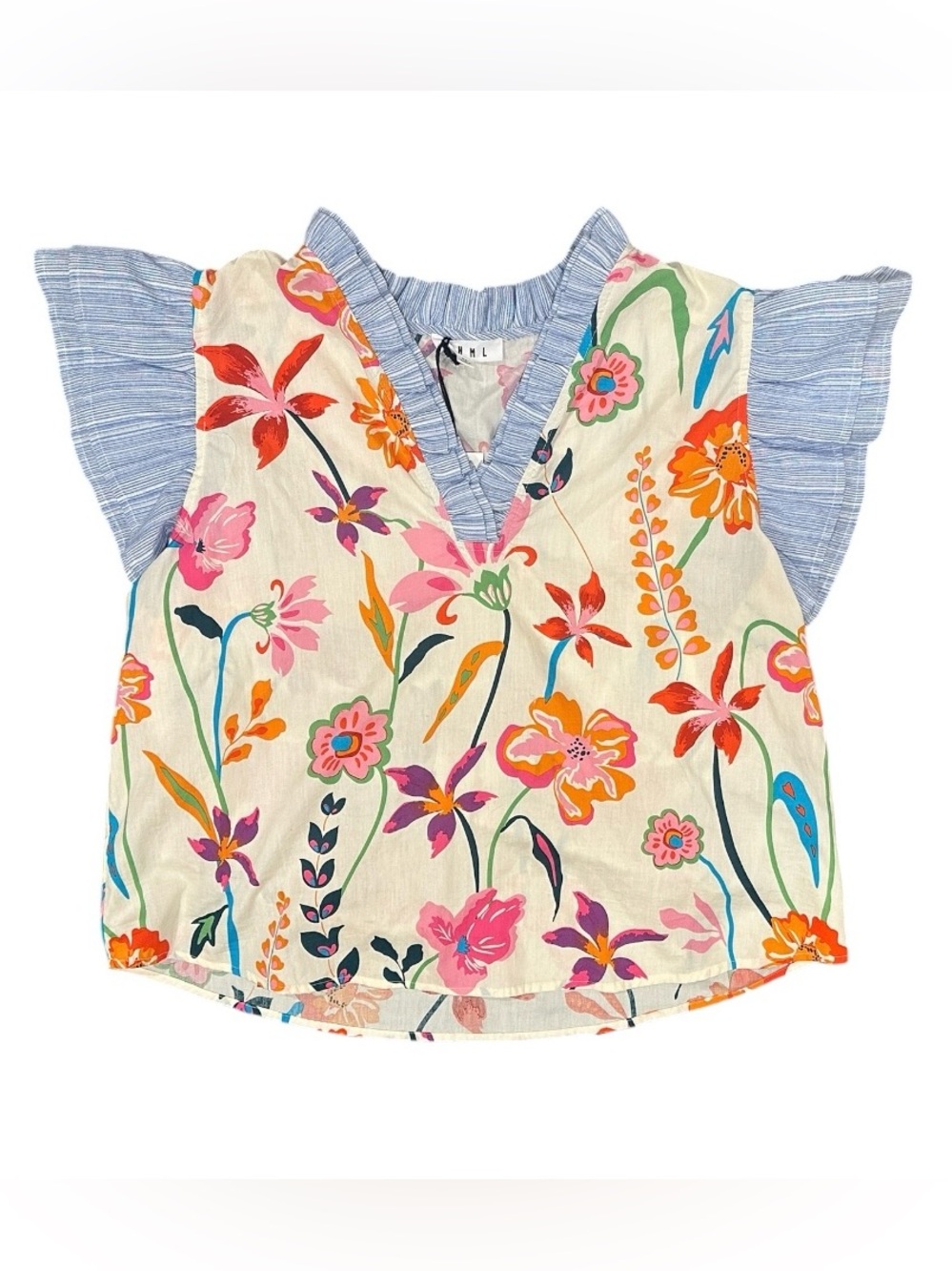 THML Women’s XL Floral Flutter Sleeve Blouse Blue Stripe Mixed Print NWT
